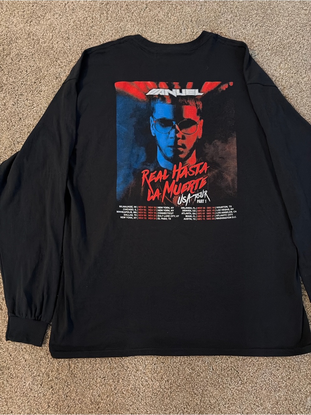 Black Long Sleeve Tour Graphic Tee with Red & Blue Print